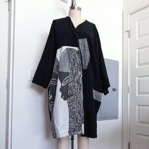 Vintage The African Star Black Cotton Kimono Jacket Faces Print One Size